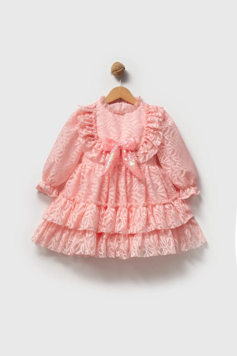 CLEO Kız Çocuk Pembe,Ekru,Kırmızı Dantel Detaylı Uzun Kollu Özel Gün Bayramlık Elbise - PEMBE