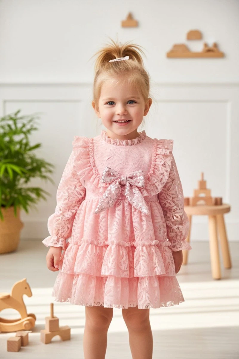 CLEO Kız Çocuk Pembe,Ekru,Kırmızı Dantel Detaylı Uzun Kollu Özel Gün Bayramlık Elbise - PEMBE