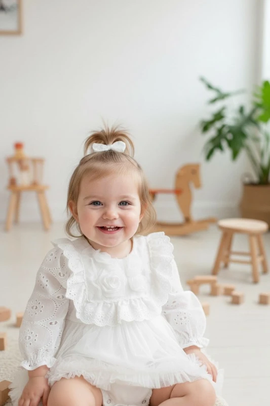 ASTER Beyaz Uzun Kollu Dantel Detaylı Etekli Kız Çocuk Bebek Özel Gün Bayramlık Elbise  - BEYAZ
