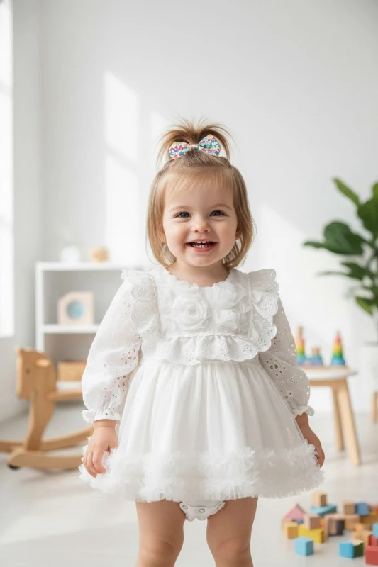 ASTER Beyaz Uzun Kollu Dantel Detaylı Etekli Kız Çocuk Bebek Özel Gün Bayramlık Elbise  - BEYAZ