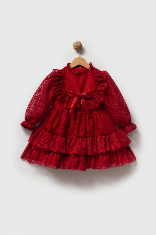 CLEO Kız Çocuk Pembe,Ekru,Kırmızı Dantel Detaylı Uzun Kollu Özel Gün Bayramlık Elbise - KIRMIZI