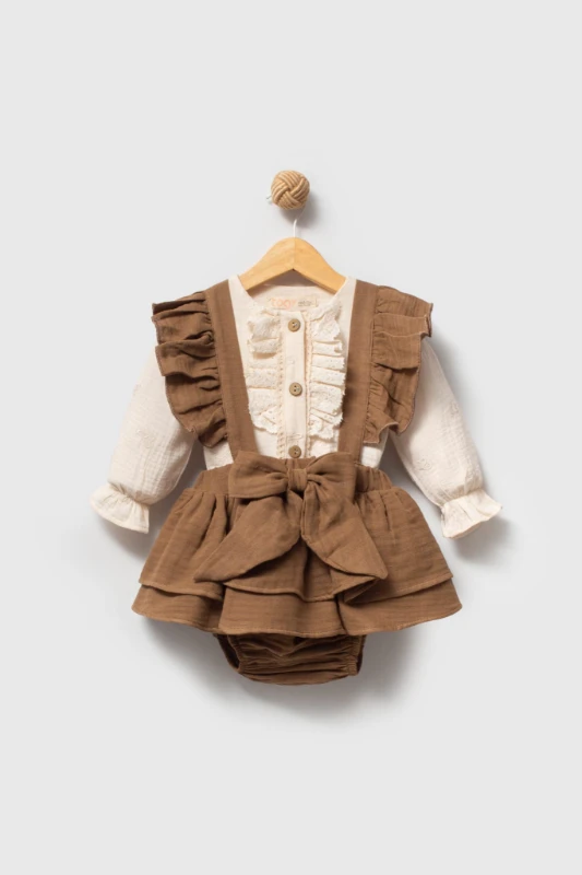 BATHANEY Vintage Fiyonklu Bayramlık Özel Gün Kız Bebek Romper - KAHVERENGİ