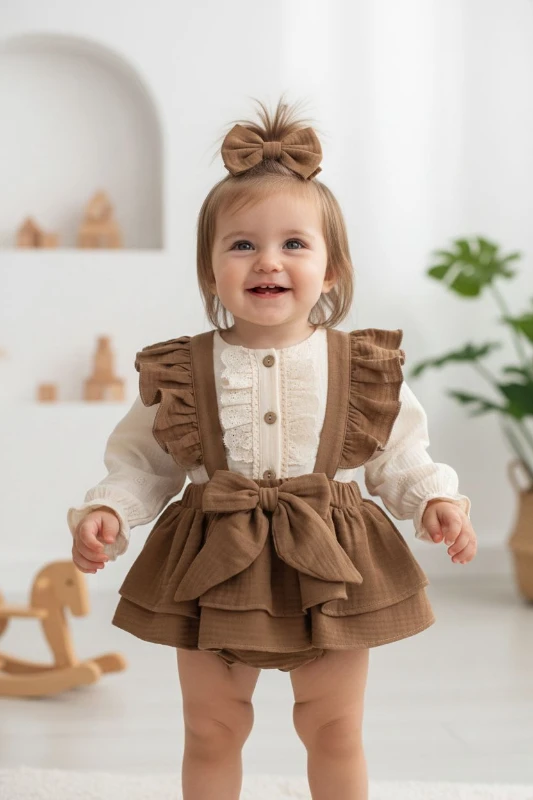 BATHANEY Vintage Fiyonklu Bayramlık Özel Gün Kız Bebek Romper - KAHVERENGİ