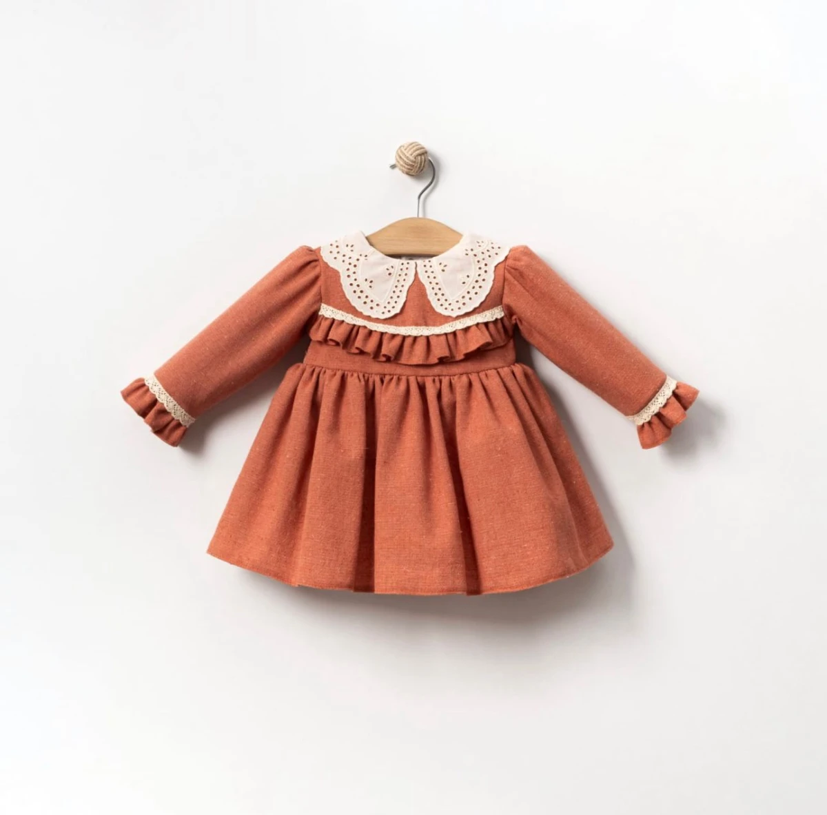 MILLA Dantel Yakalı Vintage Uzun Kollu Bayramlık Özel gün Kız Bebek Elbise - KİREMİT