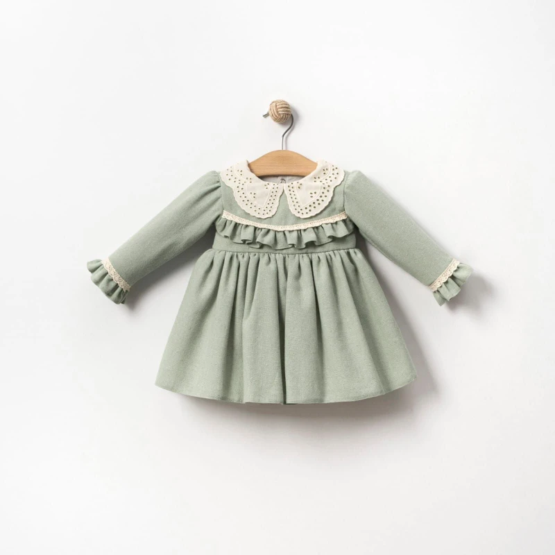 MILLA Dantel Yakalı Vintage Uzun Kollu Bayramlık Özel gün Kız Bebek Elbise - YEŞİL