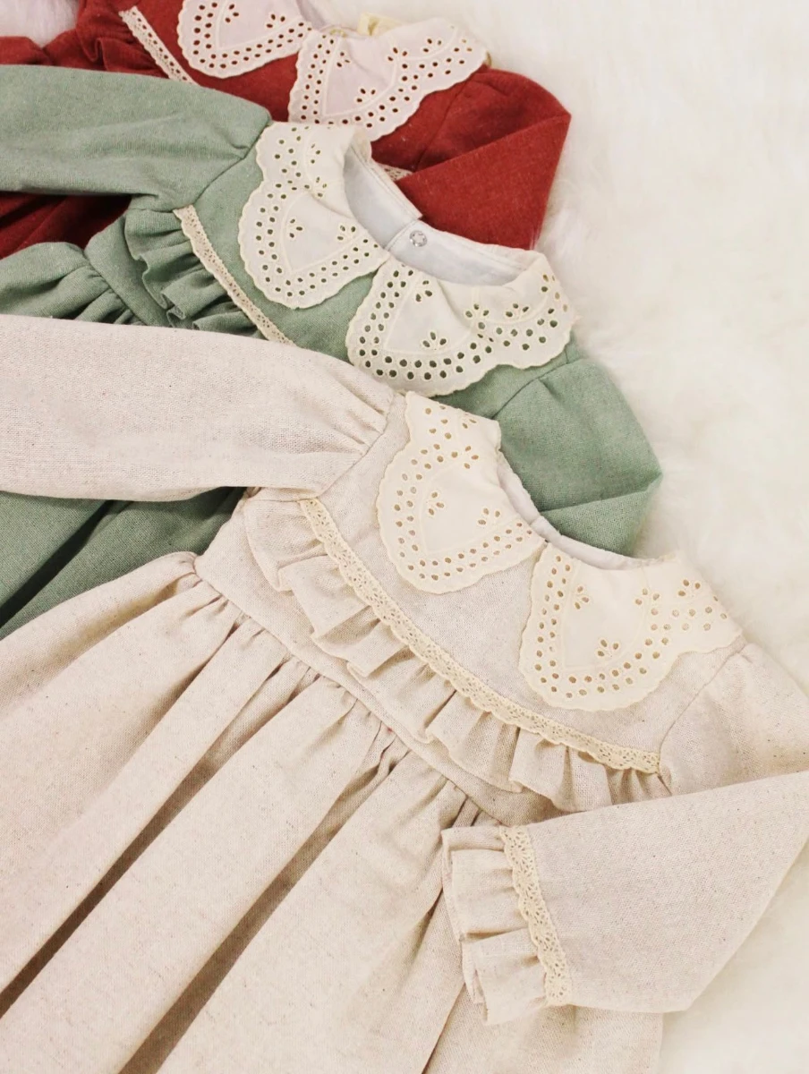 MILLA Dantel Yakalı Vintage Uzun Kollu Bayramlık Özel gün Kız Bebek Elbise - KREM