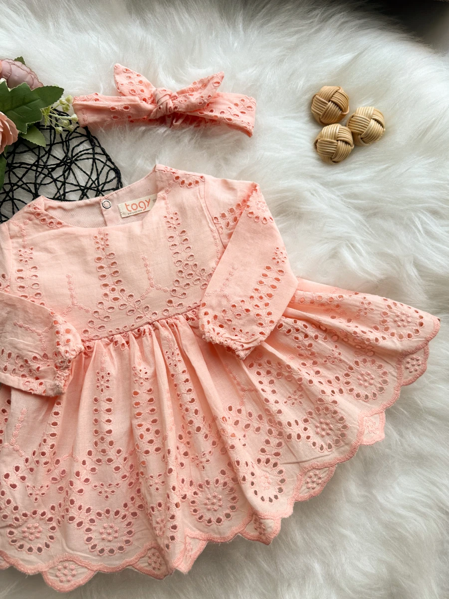 SIENNA Kız Bebek Somon Rengi Brode Nakışlı Fisto Elbise ve Bandana Takımı - SOMON