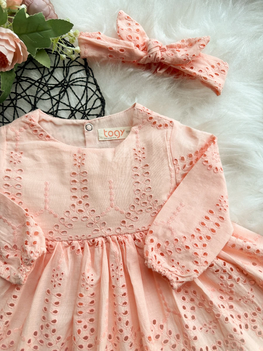 SIENNA Kız Bebek Somon Rengi Brode Nakışlı Fisto Elbise ve Bandana Takımı - SOMON