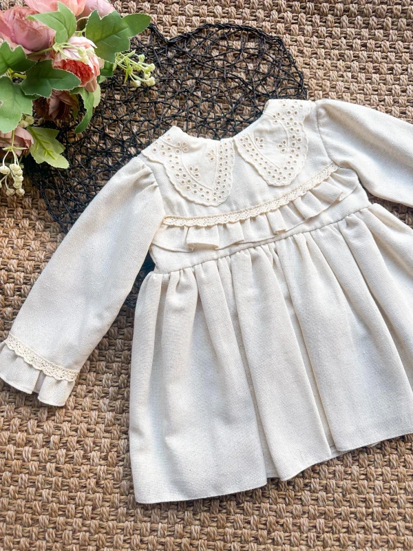 MILLA Dantel Yakalı Vintage Uzun Kollu Bayramlık Özel gün Kız Bebek Elbise - KREM