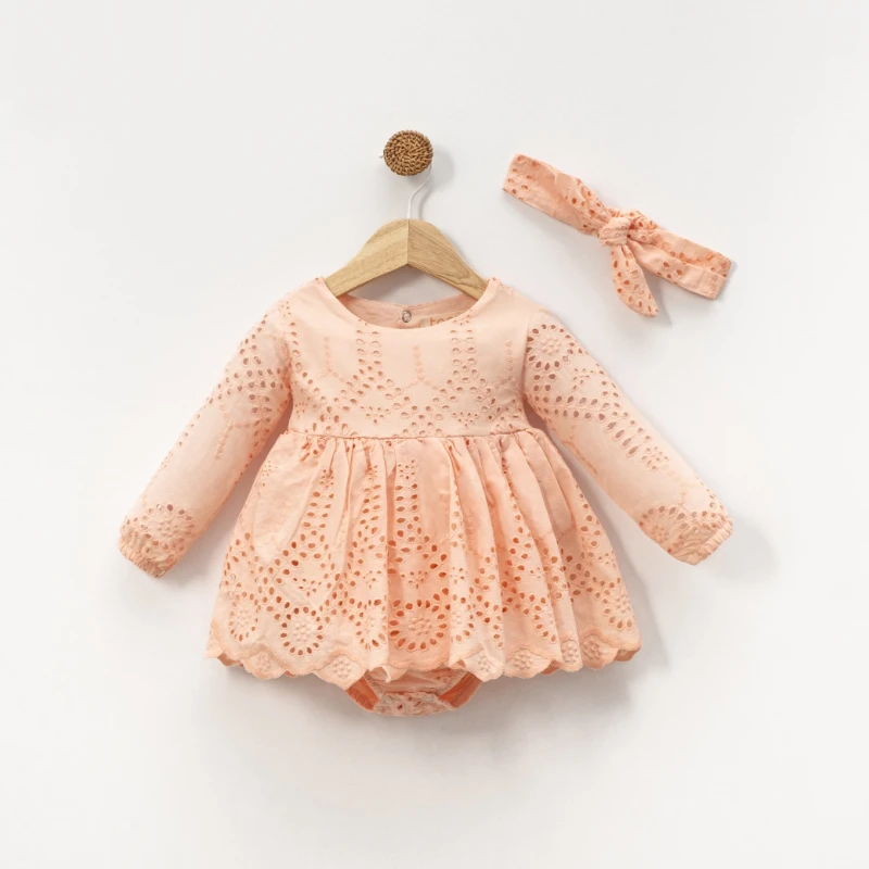SIENNA Kız Bebek Somon Rengi Brode Nakışlı Fisto Elbise ve Bandana Takımı - SOMON