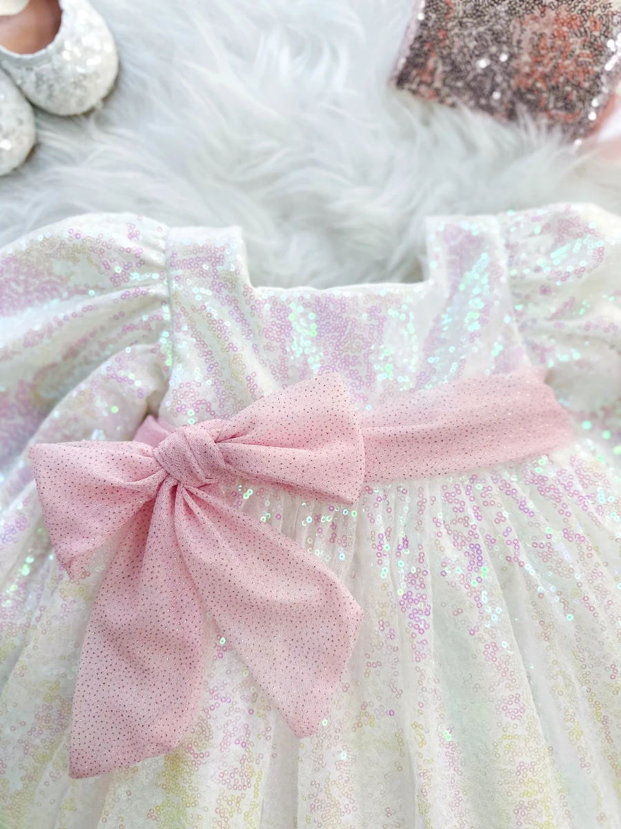 LOTUS (ÖN SİPARİŞ) Pul Payet Özel Gün Doğum Günü Kız Çocuk Parti Elbise   - BEYAZ