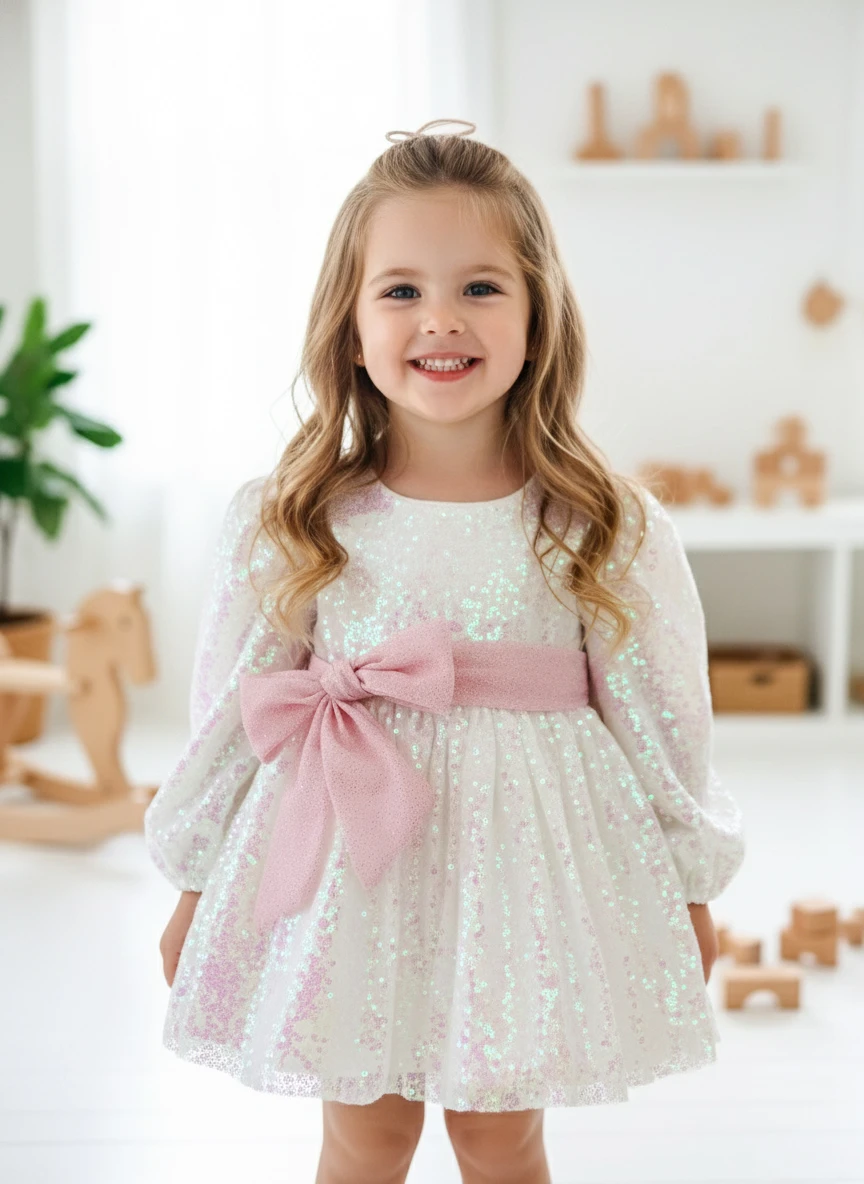 LOTUS (ÖN SİPARİŞ) Pul Payet Özel Gün Doğum Günü Kız Çocuk Parti Elbise   - BEYAZ