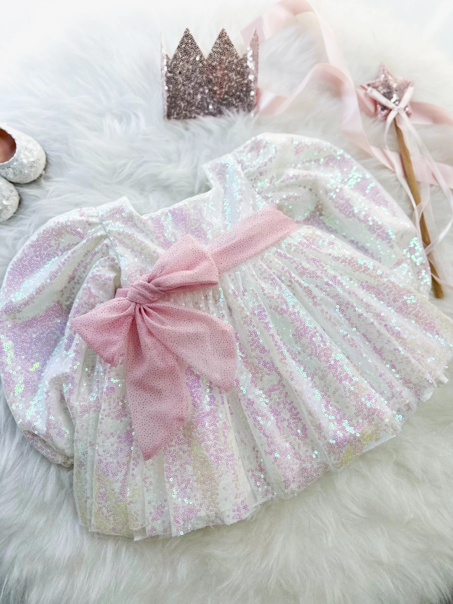 LOTUS (ÖN SİPARİŞ) Pul Payet Özel Gün Doğum Günü Kız Çocuk Parti Elbise   - BEYAZ