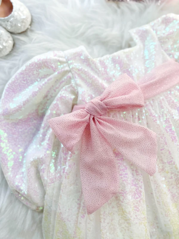 LOTUS Pul Payet Özel Gün Doğum Günü Kız Çocuk Parti Elbisesi   - BEYAZ