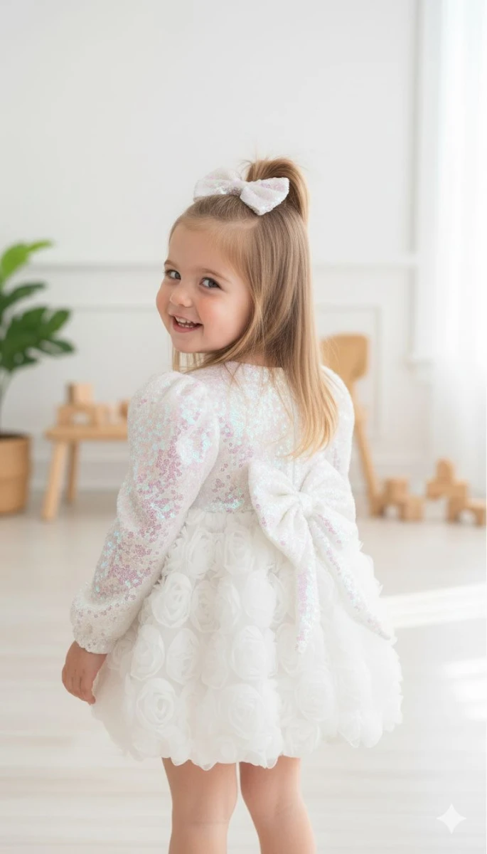 NİLA Pul Payet Özel Gün Doğum Günü Kız Çocuk Parti Elbise  - BEYAZ