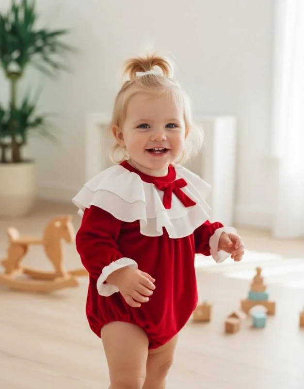 BRIELLA Uzun Kollu Özel Gün Bayramlık Fiyonk Detaylı Kız Bebek Romper - KIRMIZI