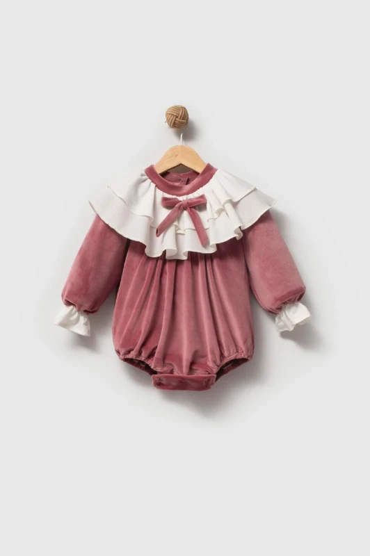 BRIELLA Uzun Kollu Özel Gün Bayramlık Fiyonk Detaylı Kız Bebek Romper - GÜL KURUSU
