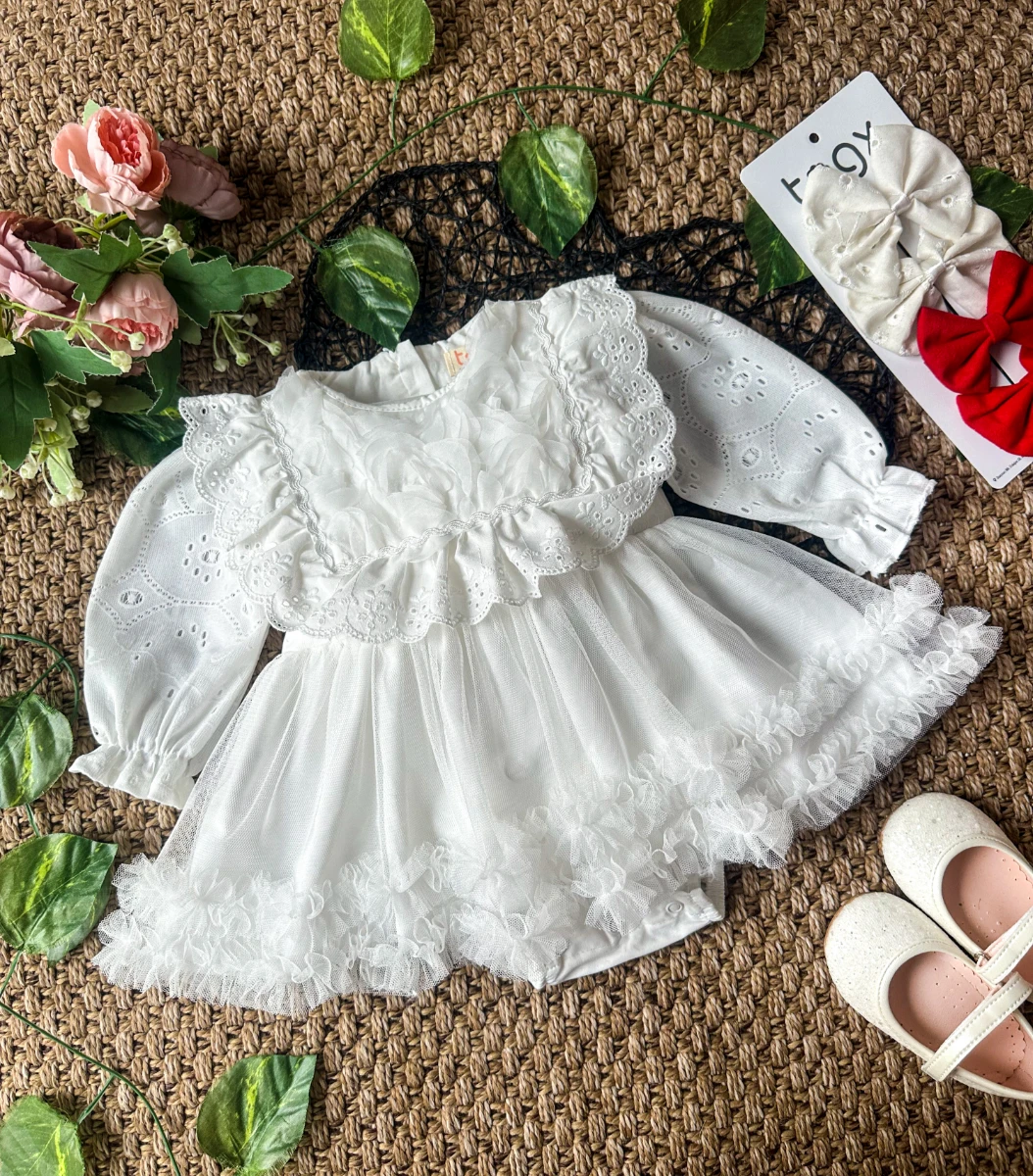 ASTER Beyaz Uzun Kollu Dantel Detaylı Etekli Kız Çocuk Bebek Özel Gün Bayramlık Elbise  - BEYAZ