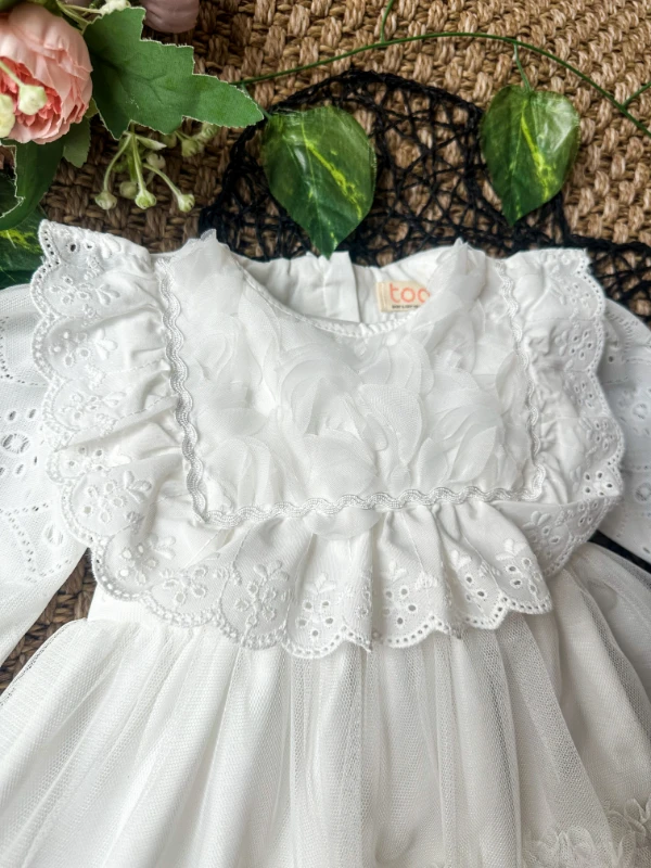 ASTER Beyaz Uzun Kollu Dantel Detaylı Etekli Kız Çocuk Bebek Özel Gün Bayramlık Elbise  - BEYAZ