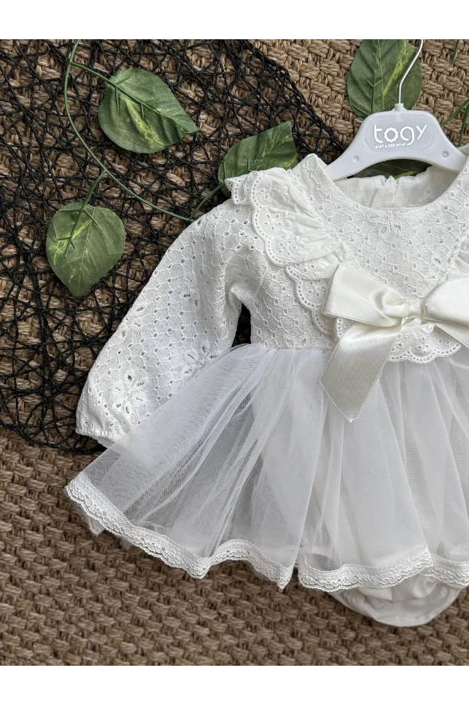 Arya Kız Bebek Bayramlık Tül Gelinlik Güpür Bebek Mevlüdü Doğum Günü Kına Prenses Tütü Elbise Romper - BEYAZ
