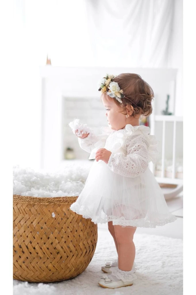 Arya Kız Bebek Bayramlık Tül Gelinlik Güpür Bebek Mevlüdü Doğum Günü Kına Prenses Tütü Elbise Romper - BEYAZ
