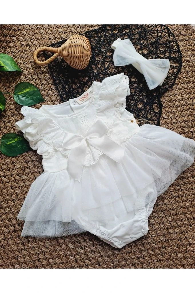 Beyaz Yumuşak Tütü Zıbınlı Kız Bebek Prenses Gelinlik Romper Bayramlık Takım - BEYAZ
