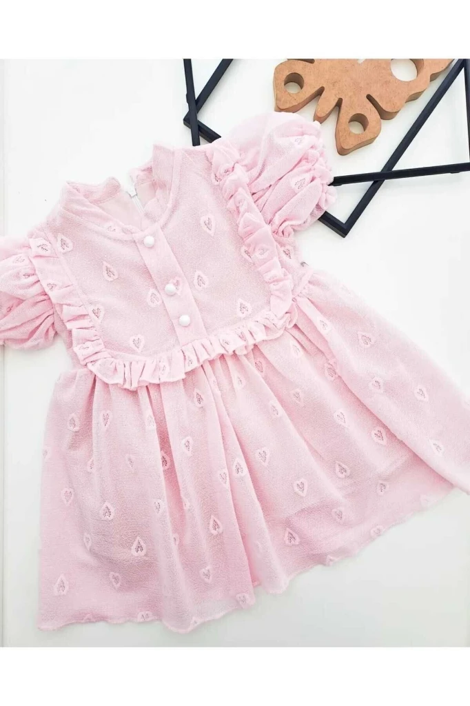 Kalp Detaylı Kız Çocuk Elbise - PEMBE