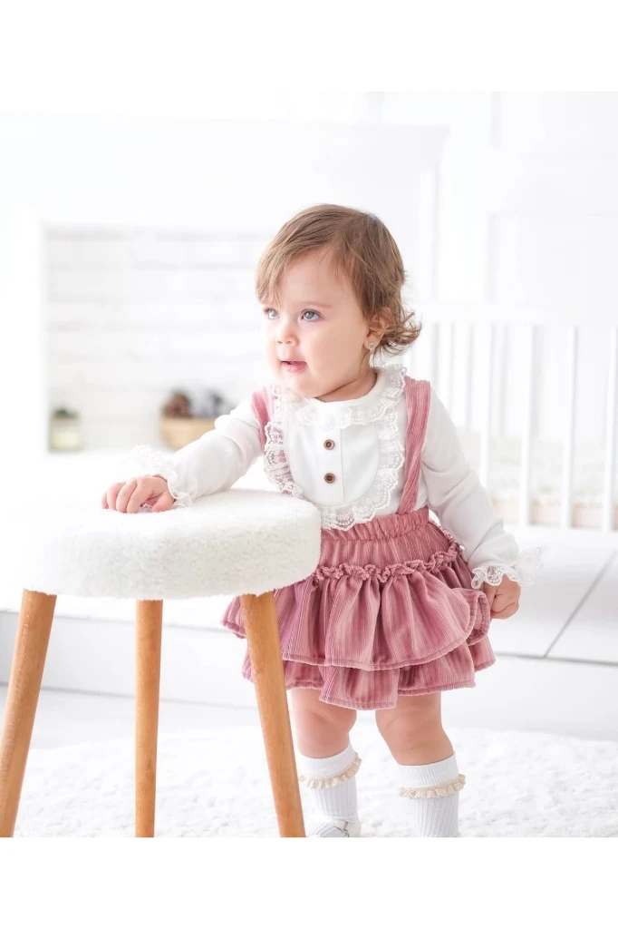 Linda Kız Bebek Fisto Detaylı Kadife Salopet Takım - PEMBE
