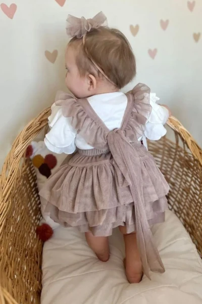 Alina Kız Bebek Bayramlık Tül Salopet Tütü Prenses Doğumgünü Özelgün Bayramlık - KAHVERENGİ