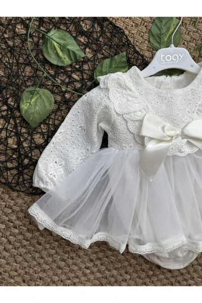 Arya Kız Bebek Bayramlık Tül Gelinlik Güpür Bebek Mevlüdü Doğum Günü Kına Prenses Tütü Elbise Romper - BEYAZ