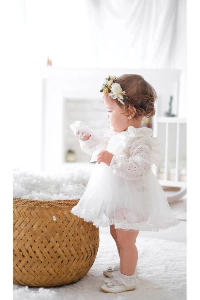 Arya Kız Bebek Bayramlık Tül Gelinlik Güpür Bebek Mevlüdü Doğum Günü Kına Prenses Tütü Elbise Romper - BEYAZ
