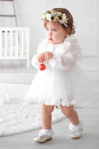 Arya Kız Bebek Bayramlık Tül Gelinlik Güpür Bebek Mevlüdü Doğum Günü Kına Prenses Tütü Elbise Romper - BEYAZ