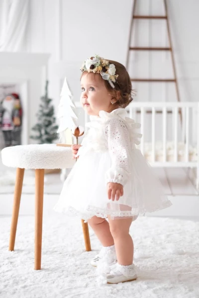 Arya Kız Bebek Bayramlık Tül Gelinlik Güpür Bebek Mevlüdü Doğum Günü Kına Prenses Tütü Elbise Romper - BEYAZ