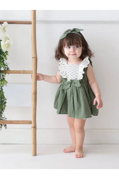 Lema bandanalı fistolu vintage özelgün kız bebek elbise - YEŞİL