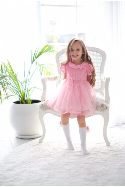 Lily Güpürlü Kabarık Özel Gün Doğumgünü Kız Çocuk Bayramlık Elbise - PEMBE