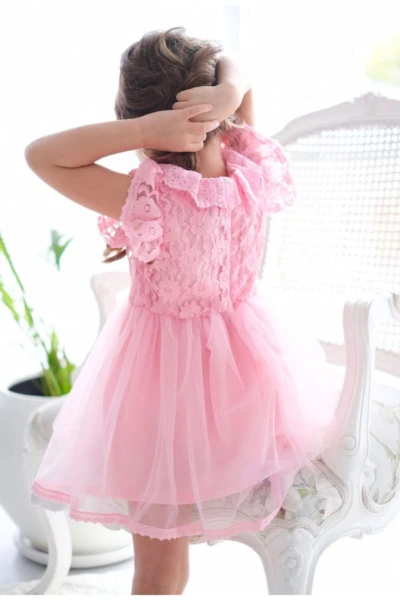 Lily Güpürlü Kabarık Özel Gün Doğumgünü Kız Çocuk Bayramlık Elbise - PEMBE
