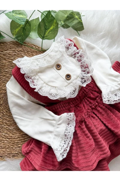 Linda Kız Bebek Fisto Detaylı Kadife İkili Salopet Takımı - BORDO