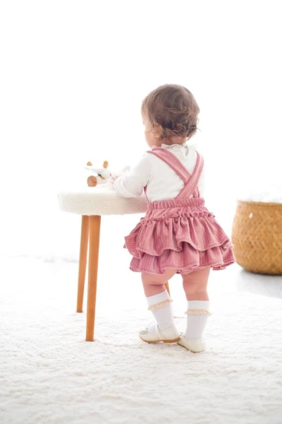 Linda Kız Bebek Fisto Detaylı Kadife Salopet Takım - PEMBE
