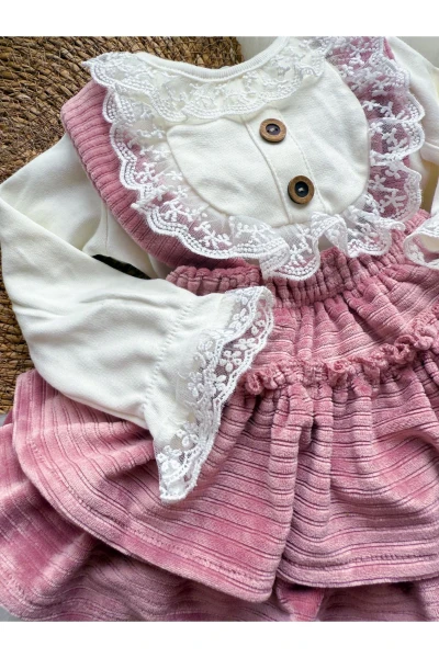 Linda Kız Bebek Fisto Detaylı Kadife Salopet Takım - PEMBE