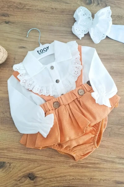 Melinda Kız Bebek Salopet Özel Gün Doğum Günü Vintage Bayramlık Takım - HARDAL