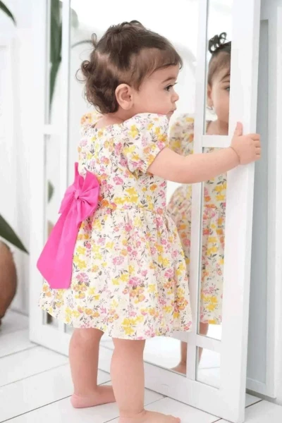 Petty Çıtır Çiçek Desenli Fiyonklu Kız Bebek Bayramlık Elbise - EKRU