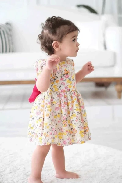 Petty Çıtır Çiçek Desenli Fiyonklu Kız Bebek Bayramlık Elbise - EKRU