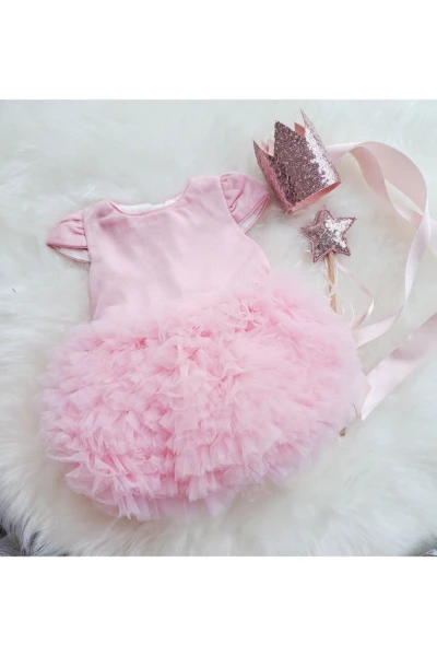 pudra pembe tütü prenses kabarık kız çocuk doğumgünü elbise - PEMBE