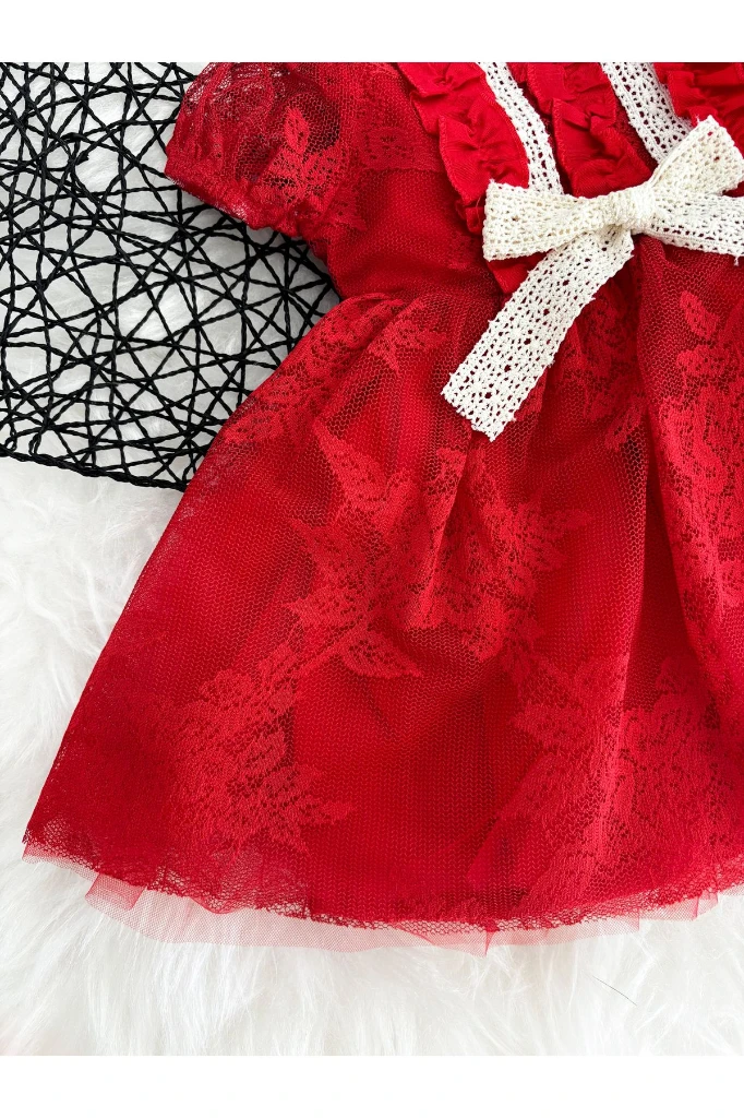 Liya 2 Bandanalı Tütü Doğum Günü Özel Gün Bayramlık Kız Bebek Romper - KIRMIZI