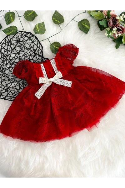 Liya 2 Bandanalı Tütü Doğum Günü Özel Gün Bayramlık Kız Bebek Romper - KIRMIZI