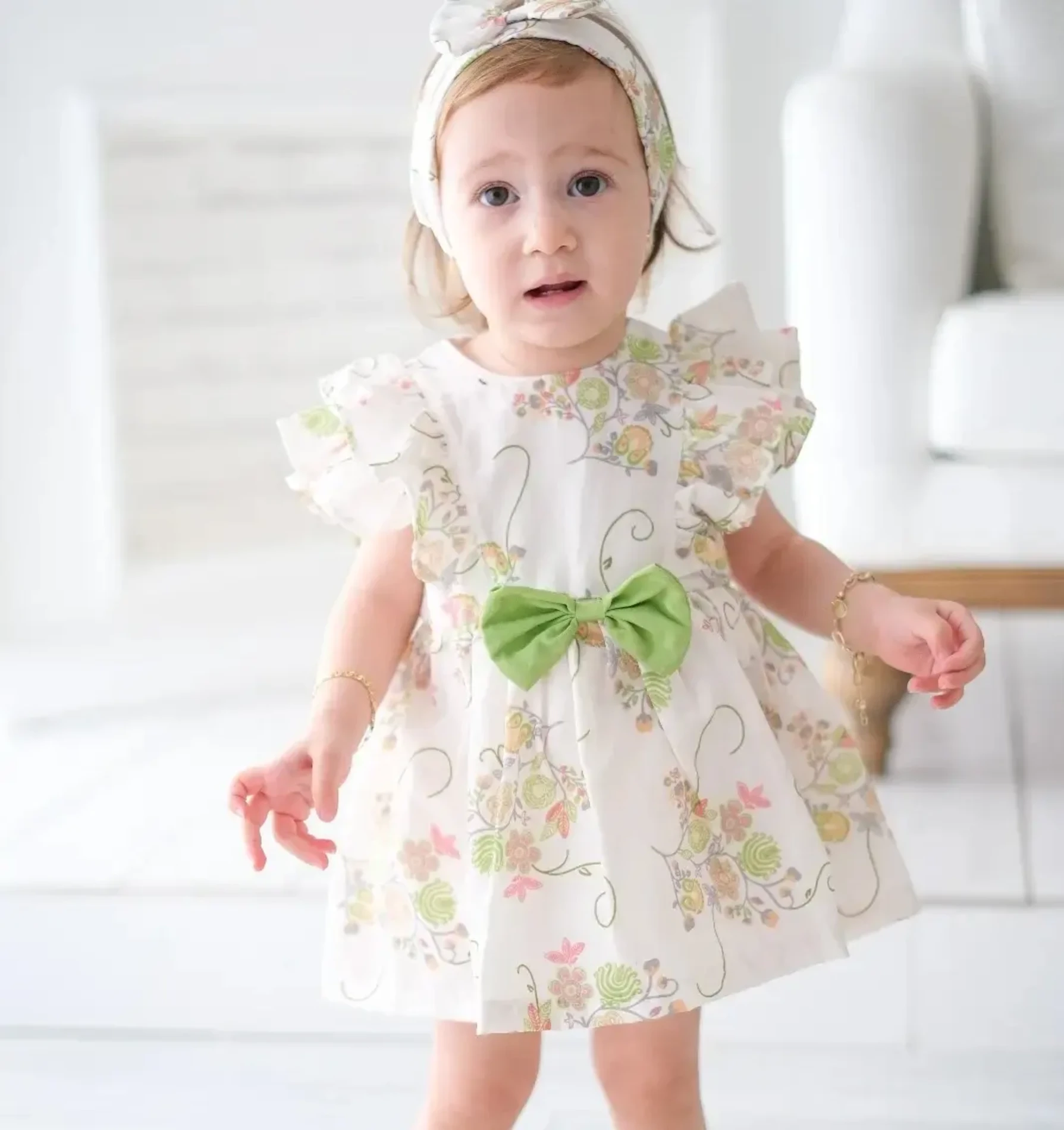 Kelly Çiçek Desenli Kız Bebek Romper - YEŞİL