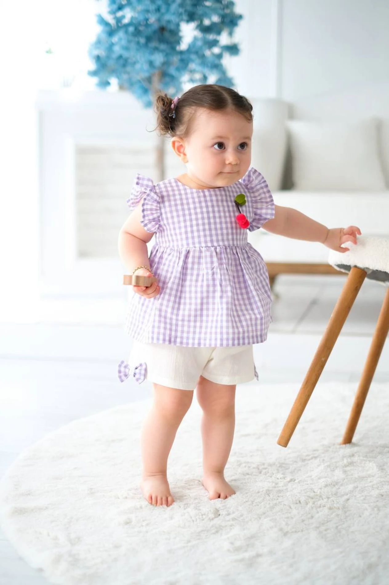 Cherry Ekose Kiraz Detaylı Kız Bebek İkili Takım - LİLA