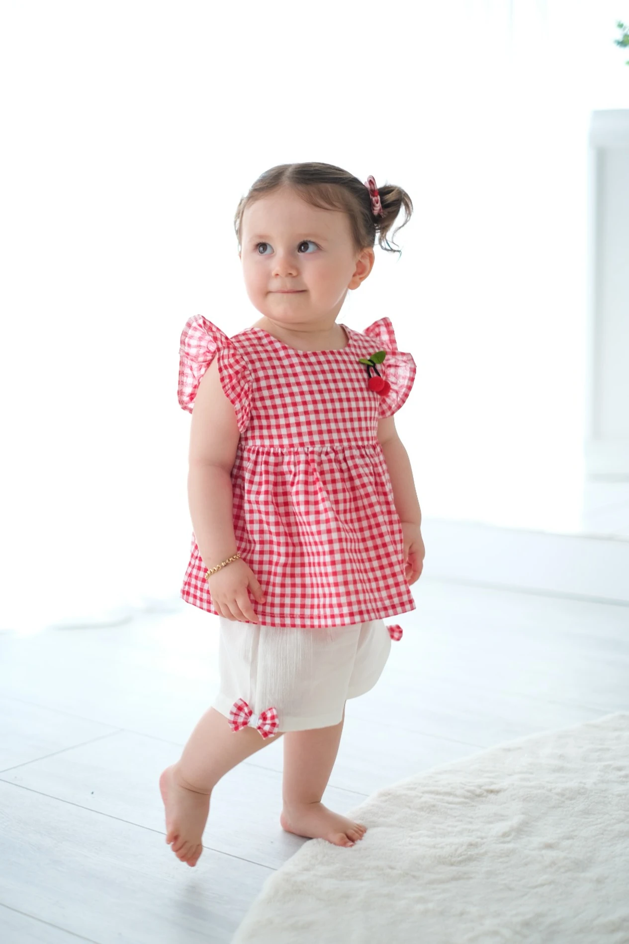 Cherry Ekose Kiraz Detaylı Kız Bebek İkili Takım - KIRMIZI