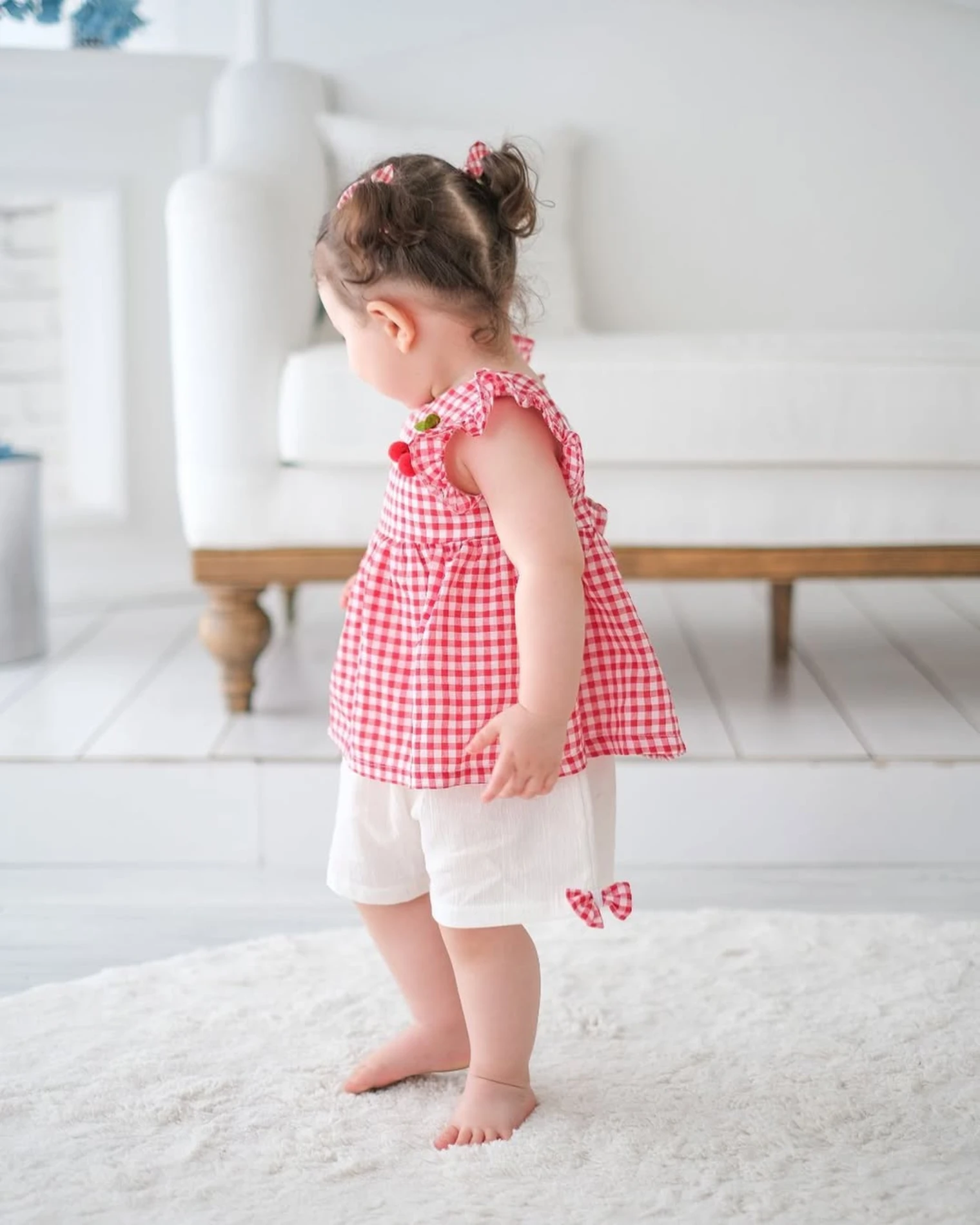 Cherry Ekose Kiraz Detaylı Kız Bebek İkili Takım - KIRMIZI