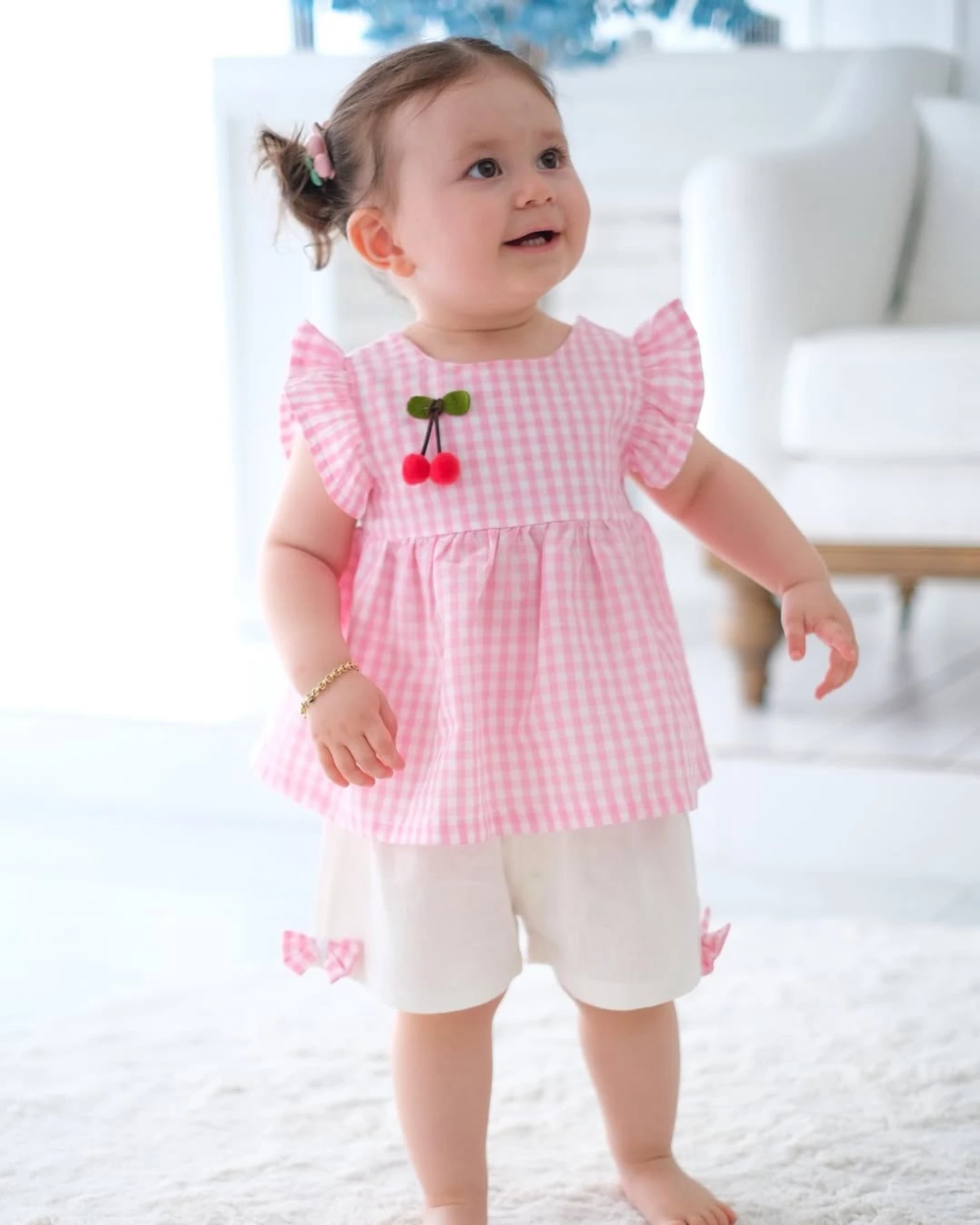 Cherry Ekose Kiraz Detaylı Kız Bebek İkili Takım - PEMBE